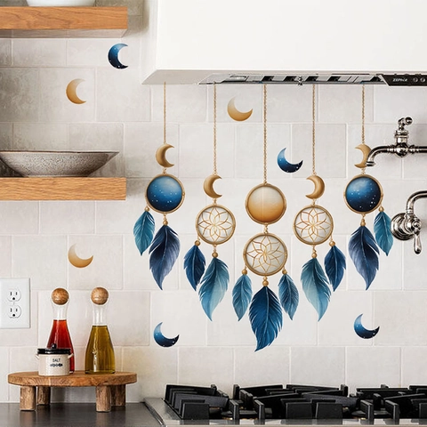 Dreamcatcher Moon Feather Wall Stickers Removable Blue Gold PVC Decals For Bedroom Living Room Fridge Bathroom Decor