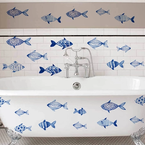 Aquarel Blauwe Vissen Muurstickers PVC Waterdicht Verwijderbaar Zeedieren Decals Voor Badkamer Kinderkamer Home Muur Decor