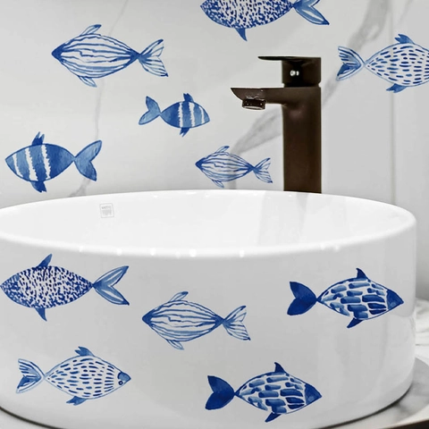 Aquarel Blauwe Vissen Muurstickers PVC Waterdicht Verwijderbaar Zeedieren Decals Voor Badkamer Kinderkamer Home Muur Decor