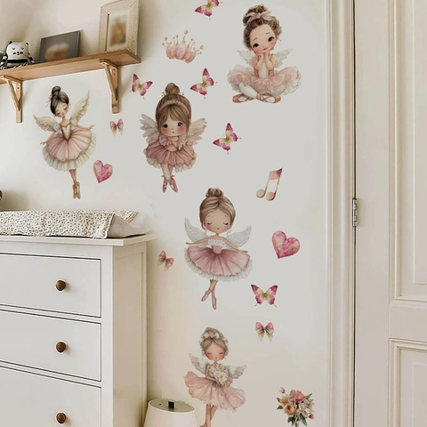 Adesivo da Parete Ballerina Ragazza Fata Acquerello Farfalla Rosa Cuore Floreale Autoadesivo Per Camera Dei Bambini Ragazze Decorazione Casa