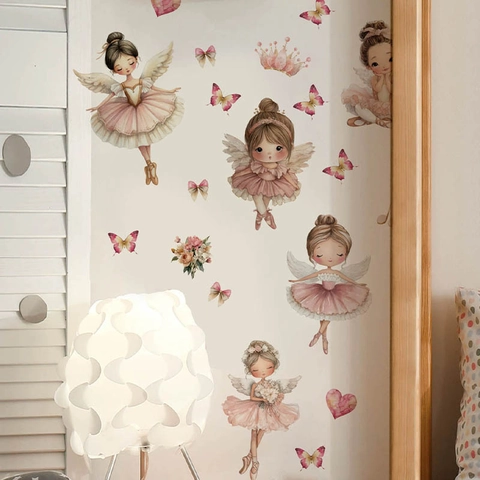 Adesivo da Parete Ballerina Ragazza Fata Acquerello Farfalla Rosa Cuore Floreale Autoadesivo Per Camera Dei Bambini Ragazze Decorazione Casa