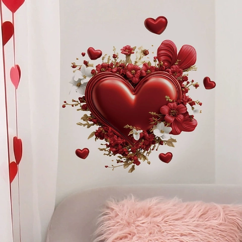 Valentinstag 3D Herz Blumen Wandaufkleber Rot PVC Bedruckt Selbstklebend Abnehmbar Dekal Für Schlafzimmer Wohnzimmer Wohnkultur