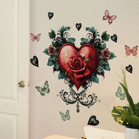 Valentine's Day Heart Rose Butterfly Wall Stickers PVC Removable Romantic Floral Decals For Bedroom Living Room Decor