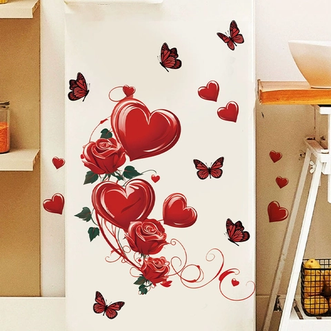 Rode Roos Hart Vlinder Muursticker PVC Waterdicht Zelfklevend Verwijderbaar Decal Voor Slaapkamer Woonkamer Valentijnsdag