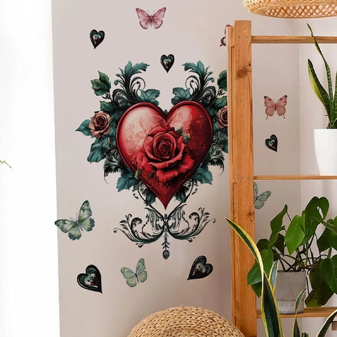 Valentine's Day Heart Rose Butterfly Wall Stickers PVC Removable Romantic Floral Decals For Bedroom Living Room Decor