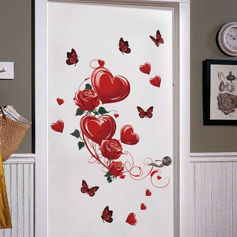 Rode Roos Hart Vlinder Muursticker PVC Waterdicht Zelfklevend Verwijderbaar Decal Voor Slaapkamer Woonkamer Valentijnsdag