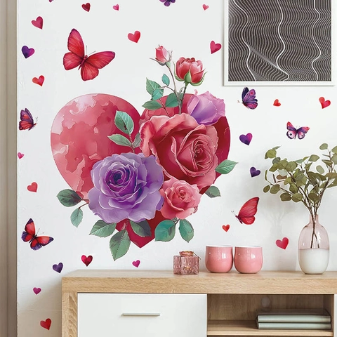 Romantic Red Heart Rose Wall Sticker With Butterflies Removable PVC Self-Adhesive Wall Decal For Valentine's Day Wedding Home Decor