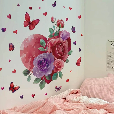 Romantic Red Heart Rose Wall Sticker With Butterflies Removable PVC Self-Adhesive Wall Decal For Valentine's Day Wedding Home Decor