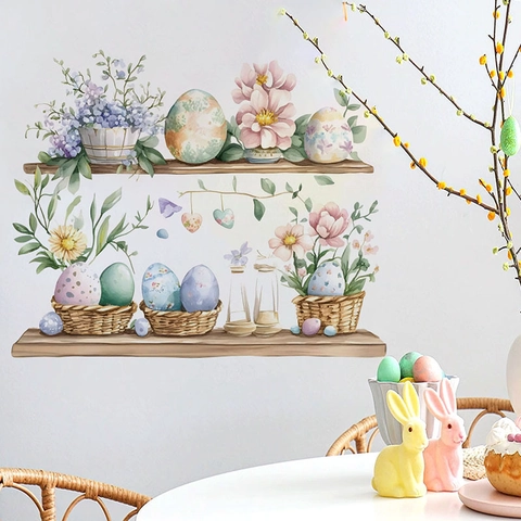 Pegatina de Pared Huevo de Pascua Flor Acuarela PVC Impermeable Autoadhesiva Removible Decoración Hogar Dormitorio