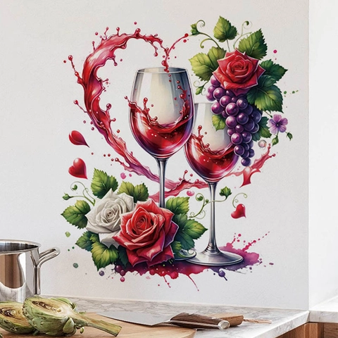 Valentinstag Rotweinglas Herz Rose PVC Wandsticker Wasserdicht Selbstklebend Abnehmbares Abziehbild Für Haus Küche Dekor