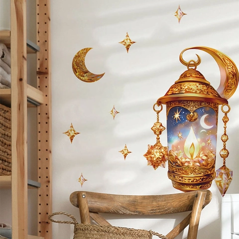 Pegatina de Pared Ramadan Linterna Dorada Luna Estrellas PVC Autoadesiva Decoración para Dormitorio Sala de Estar Eid Mubarak