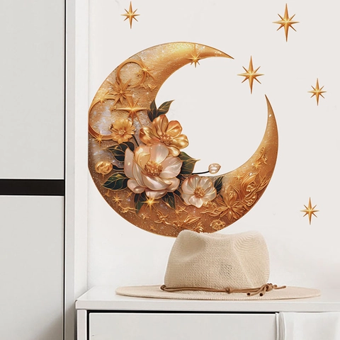 Adesivi Murali Luna Dorata Floreale E Stelle PVC Autoadesivo Rimovibile Decalcomanie Da Muro Per Soggiorno Camera Da Letto