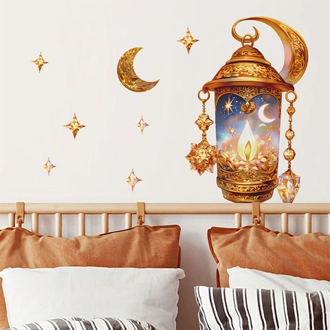 Pegatina de Pared Ramadan Linterna Dorada Luna Estrellas PVC Autoadesiva Decoración para Dormitorio Sala de Estar Eid Mubarak