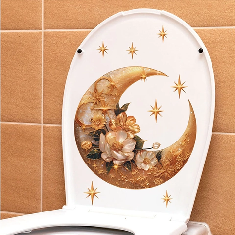 Adesivi Murali Luna Dorata Floreale E Stelle PVC Autoadesivo Rimovibile Decalcomanie Da Muro Per Soggiorno Camera Da Letto