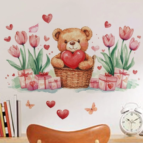 Watercolor Teddy Bear Heart Wall Stickers Valentine's Day Removable PVC Decals For Bedroom Living Room Kids Home Decor