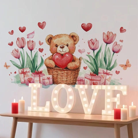 Watercolor Teddy Bear Heart Wall Stickers Valentine's Day Removable PVC Decals For Bedroom Living Room Kids Home Decor