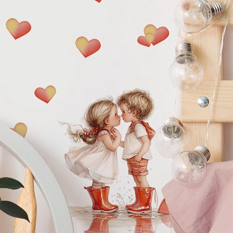 Valentinstag Romantisches Küssendes Paar Wandaufkleber PVC Selbstklebend Abnehmbar Cartoon Herzmuster Dekal Für Schlafzimmer Deko