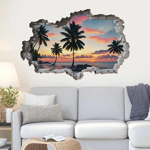 3D Gebroken Muur Tropisch Strand Zonsondergang Muursticker PVC Zelfklevend Creatieve Zeezicht Landschap Poster Voor Woonkamer Slaapkamer
