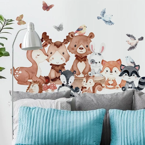 Autocollants Muraux Animaux de la Forêt Dessin Animé Aquarelle PVC Auto-adhésif Décalcomanie Décorative pour Chambre d'Enfant