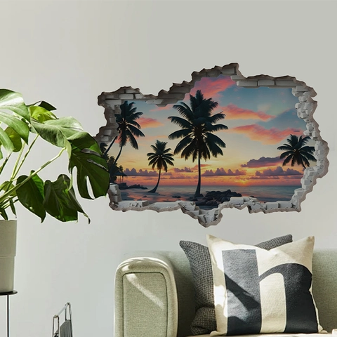 3D Gebroken Muur Tropisch Strand Zonsondergang Muursticker PVC Zelfklevend Creatieve Zeezicht Landschap Poster Voor Woonkamer Slaapkamer