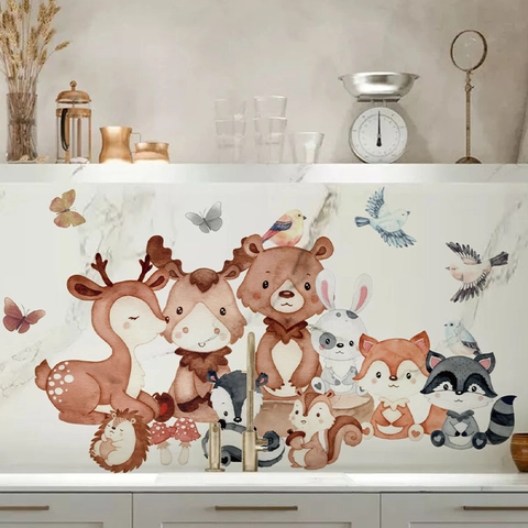 Autocollants Muraux Animaux de la Forêt Dessin Animé Aquarelle PVC Auto-adhésif Décalcomanie Décorative pour Chambre d'Enfant