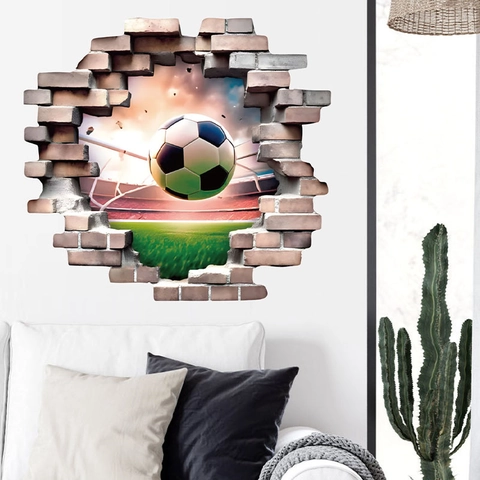 Pegatina de Pared de Fútbol con Efecto Visual 3D Calcomanía de PVC Pared Rota Para Sala de Estar Dormitorio Decoración