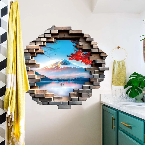 3D Wandtattoo Durchbruch Berg Fuji Landschaft Wasserdicht PVC Rote Ahornsee Szenerie Für Wohnzimmer Schlafzimmer Dekor