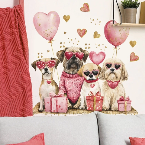 Valentinstag Wandaufkleber PVC Abnehmbar Süße Aquarell Welpen Mit Herz Sonnenbrille Dekor Für Schlafzimmer Wohnzimmer
