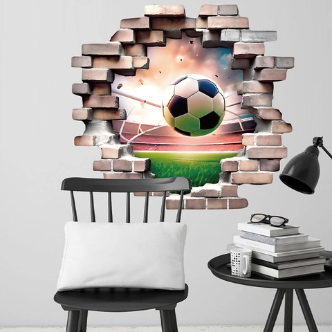 Pegatina de Pared de Fútbol con Efecto Visual 3D Calcomanía de PVC Pared Rota Para Sala de Estar Dormitorio Decoración