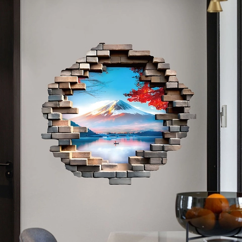 3D Wandtattoo Durchbruch Berg Fuji Landschaft Wasserdicht PVC Rote Ahornsee Szenerie Für Wohnzimmer Schlafzimmer Dekor
