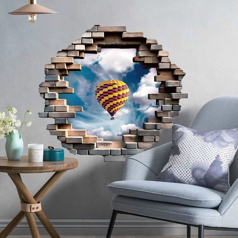 Adhesivo de Pared 3D Pared Rota Globo Aerostático Impermeable PVC Calcomanía Creativa Paisaje Cielo Mural Para Sala de Estar