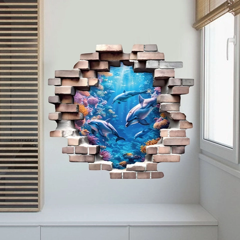 Sticker Mural 3D Effet Mur Brisé Monde Sous-Marin Dauphin Récif de Corail Vue Océan Imperméable PVC Décalcomanie pour Chambre d'Enfant Salle de Bain Maison
