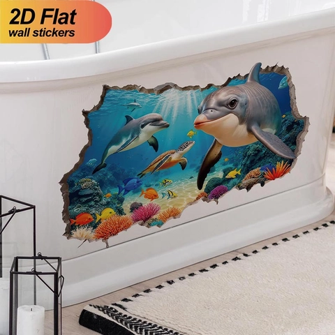 Sticker Mural 3D Dauphin Monde Sous Marin Imperméable PVC Tortue De Mer Récif De Corail Décoration Pour Chambre Enfant Salle De Bain