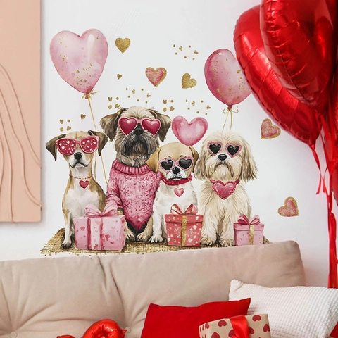 Valentinstag Wandaufkleber PVC Abnehmbar Süße Aquarell Welpen Mit Herz Sonnenbrille Dekor Für Schlafzimmer Wohnzimmer