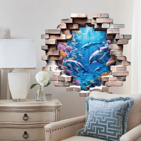 Sticker Mural 3D Effet Mur Brisé Monde Sous-Marin Dauphin Récif de Corail Vue Océan Imperméable PVC Décalcomanie pour Chambre d'Enfant Salle de Bain Maison