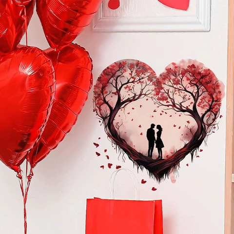 Romantischer Valentinstag Herzbaum Paar Silhouette Wandtattoo PVC Wasserdicht Selbstklebend Kunst Wandbild Haus Dekor