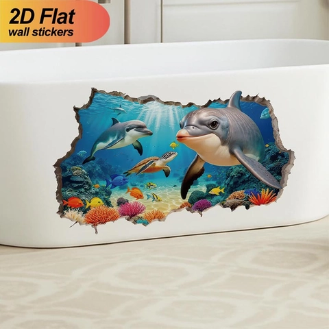 Sticker Mural 3D Dauphin Monde Sous Marin Imperméable PVC Tortue De Mer Récif De Corail Décoration Pour Chambre Enfant Salle De Bain