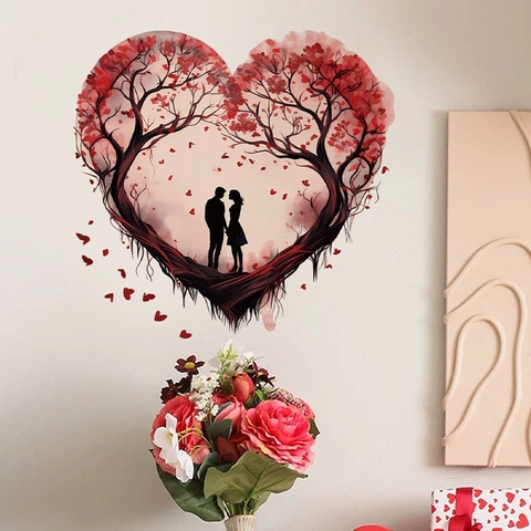 Romantischer Valentinstag Herzbaum Paar Silhouette Wandtattoo PVC Wasserdicht Selbstklebend Kunst Wandbild Haus Dekor