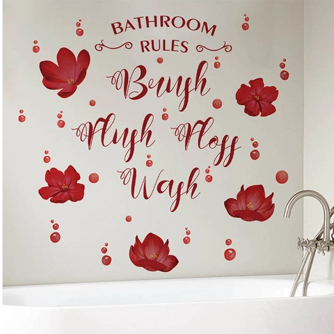 Badezimmer Regeln Wandtattoo Rote Blume PVC Wasserdicht Wandaufkleber Für Bad Decor Bürste Spülen Reinigen Waschen Anleitung