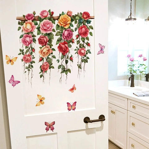 Sticker Mural Papillon Panier Suspendu Rose Pastorale Décalcomanie en PVC Auto-adhésive Amovible pour Salon Maison