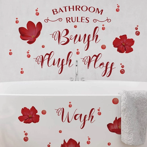 Badezimmer Regeln Wandtattoo Rote Blume PVC Wasserdicht Wandaufkleber Für Bad Decor Bürste Spülen Reinigen Waschen Anleitung