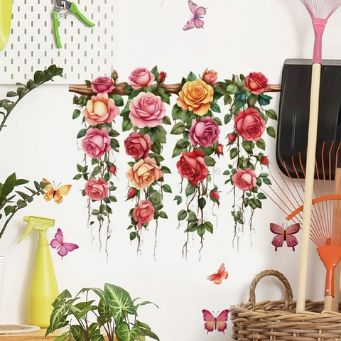 Sticker Mural Papillon Panier Suspendu Rose Pastorale Décalcomanie en PVC Auto-adhésive Amovible pour Salon Maison