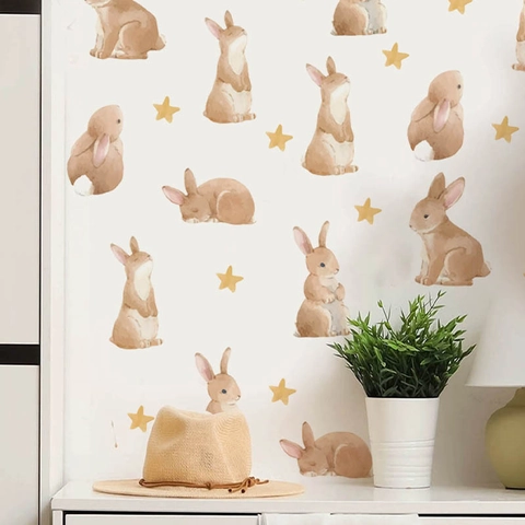Watercolor Rabbit Star Wall Stickers Removable PVC Decals For Kids Room Nursery Bedroom DIY Cute Animal Wall Art Decor