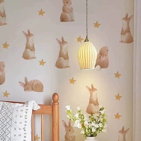 Watercolor Rabbit Star Wall Stickers Removable PVC Decals For Kids Room Nursery Bedroom DIY Cute Animal Wall Art Decor