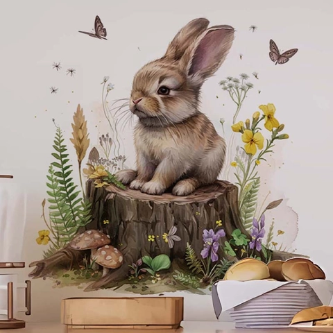 Aquarell Ostern Hase Baumstumpf Wandsticker Abnehmbar PVC Tier Blume Schmetterling Wasserdichtes Dekor Für Zuhause Zimmer
