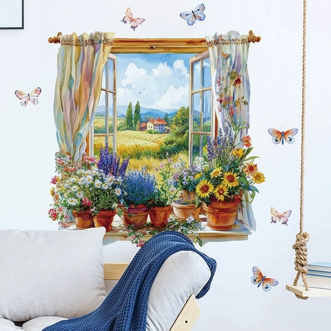 3D Fake Window Wall Sticker Pastoral Landscape Scenery Flower Butterfly PVC Self-Adhesive Mural For Home Living Room Decor
