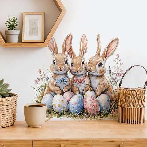 Stickers Muraux Lapin De Pâques Aquarelle Œufs Colorés PVC Amovible Imperméable Décor Maison Pour Chambre Salon Mur De Fond