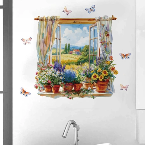 3D Fake Window Wall Sticker Pastoral Landscape Scenery Flower Butterfly PVC Self-Adhesive Mural For Home Living Room Decor