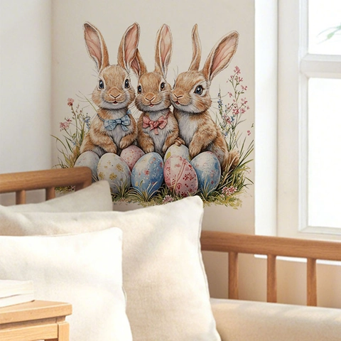 Stickers Muraux Lapin De Pâques Aquarelle Œufs Colorés PVC Amovible Imperméable Décor Maison Pour Chambre Salon Mur De Fond