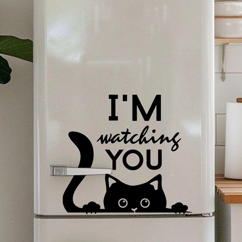 Sticker Mural Créatif Chat Noir Coup d'Oeil Avec Texte I'M Watching YOU Imperméable Amovible PVC Décor Pour Frigo Salle de Bain